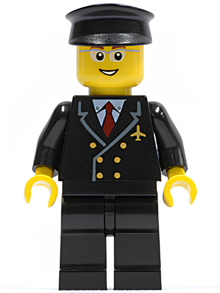 Минифигурка Lego Airport - Pilot with Red Tie and 6 Buttons, Black Legs, Black Hat, Glasses, Open Mouth Smile air044